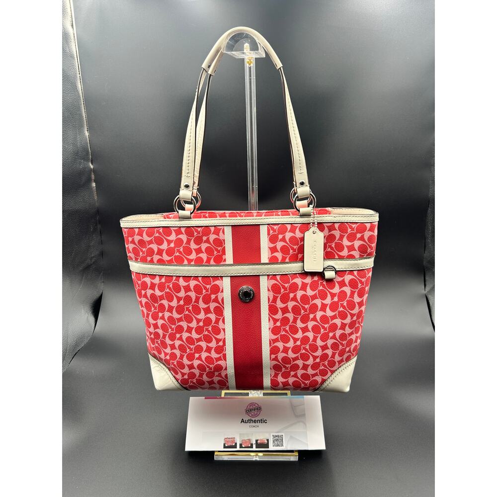 Coach Heritage Chelsea Tote Coated Canvas Y2K F15137 Pink & Red Cream Trim COA